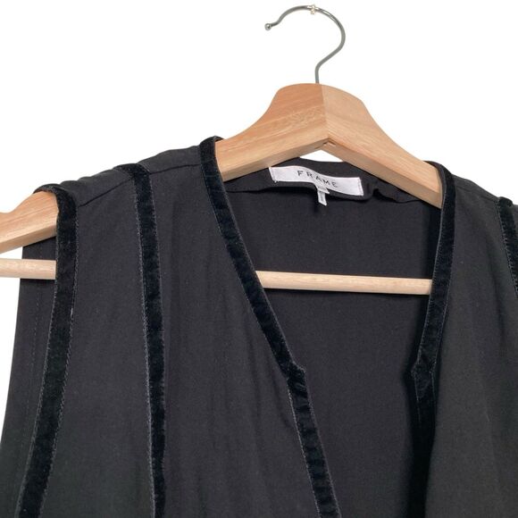 Frame Women's Black Sleeveless V-Neck Peplum Blouse Top Size Medium Velvet Trim - Picture 10 of 15